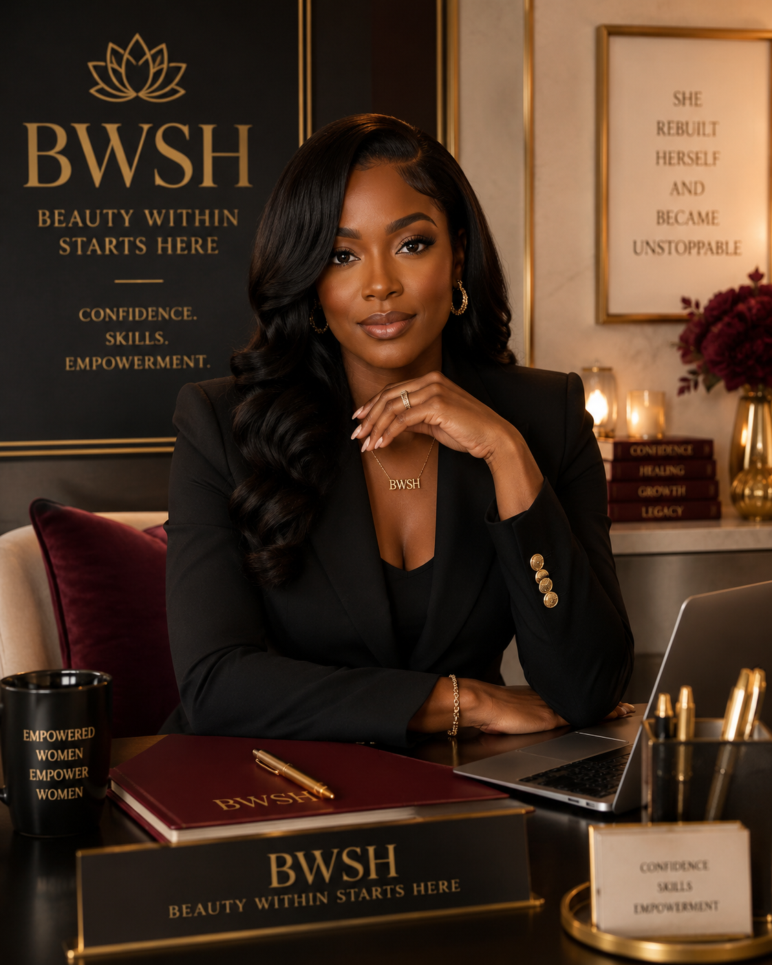 Elegant BWSH founder in a luxurious black and burgundy office setting
